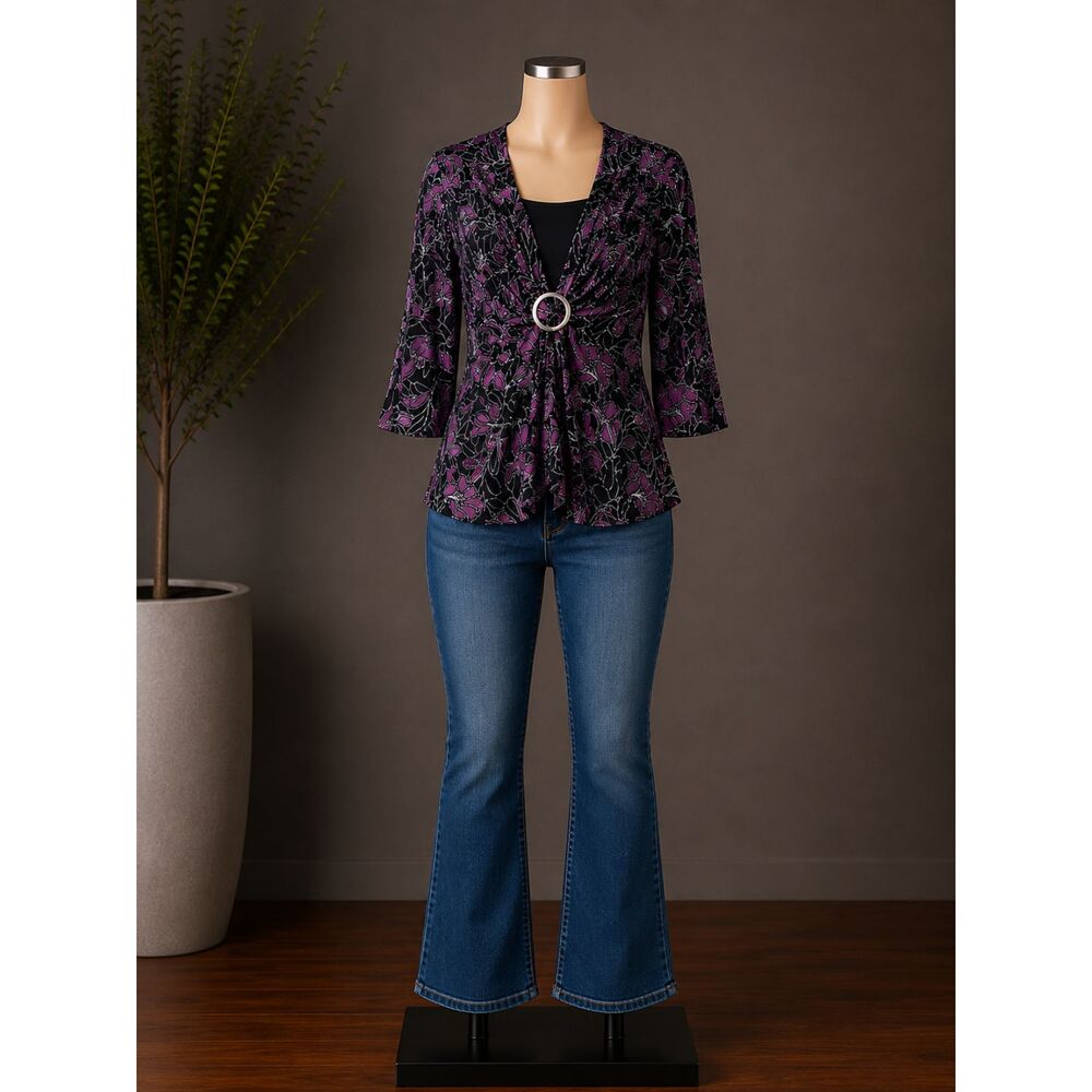 Covington Purple Black Floral Ring Front 3/4 Sleeve Top XL